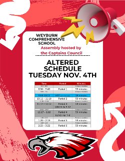 18 Minute Homeroom Schedule on red background with a bull horn and an Eagles Logo